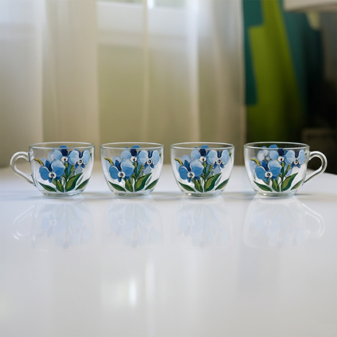 Hand-Painted Blue Orchids Glass Tea Cups