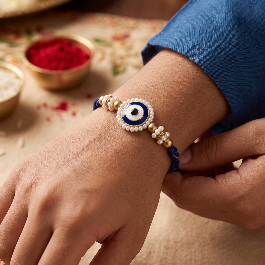 Reusable Evil Eye Beaded Thread Rakhi With Roli Chawal For Brother
