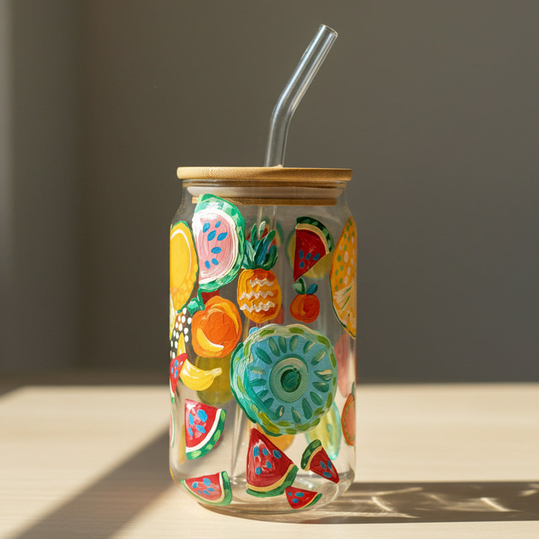 Hand-Painted Fruit Pop Glass Tumbler With Straw