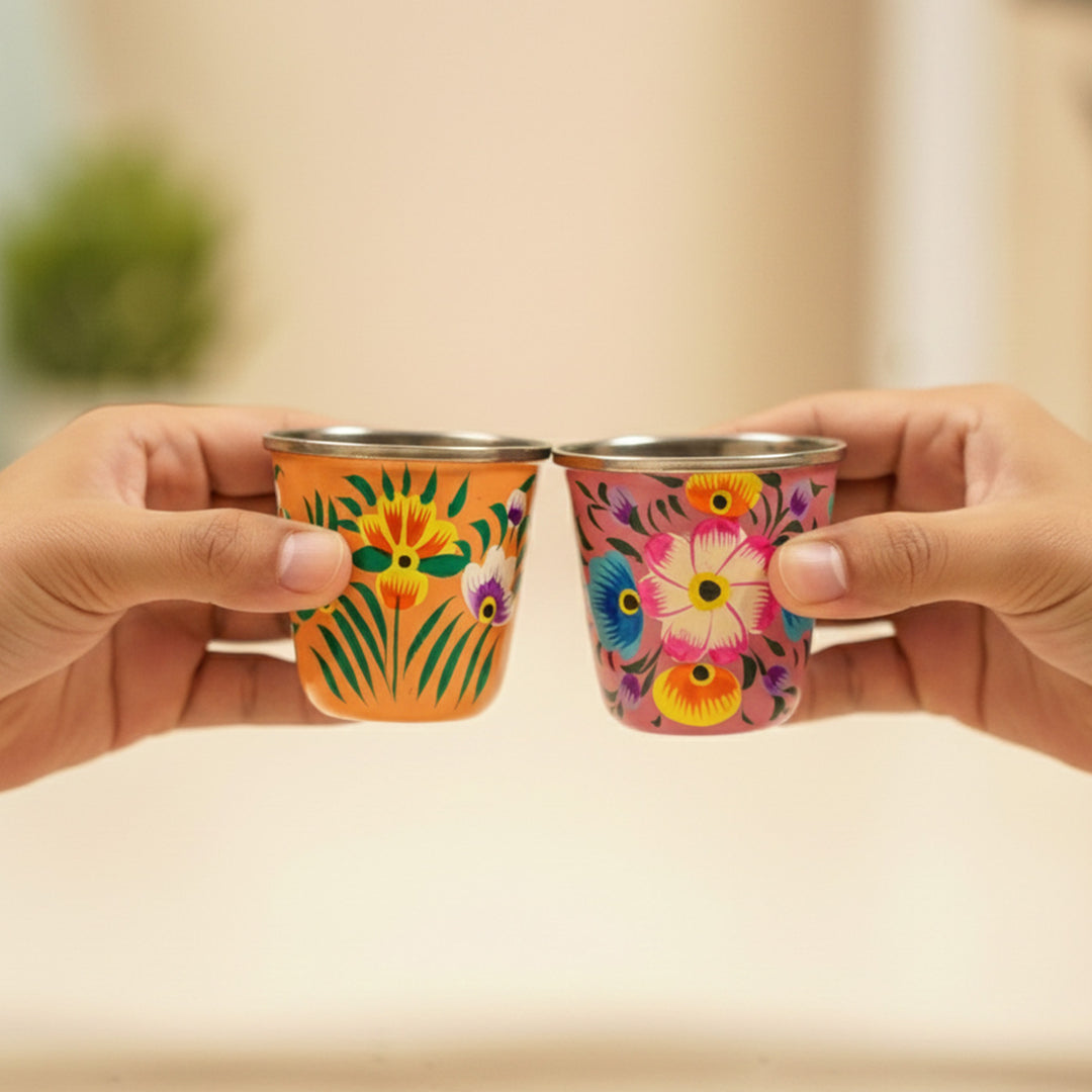 2Pc | Hand-Painted Yellow & Pink Floral Kashmiri Art Stainless Steel Shot Glasses