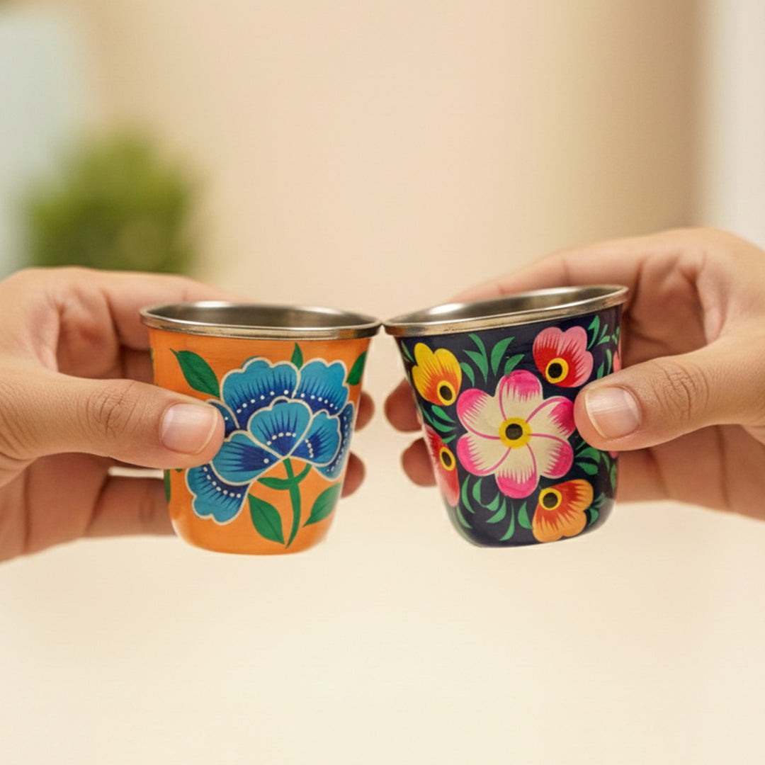 2Pc | Hand-Painted Floral Kashmiri Art Stainless Steel Shot Glasses