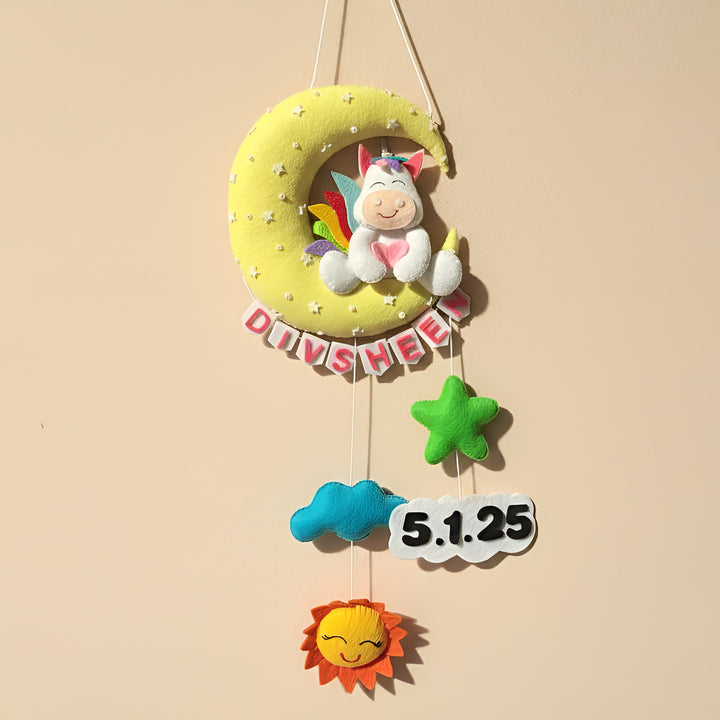 Personalized Handmade Unicorn on Moon Theme Felt Kids Name Plate With Date of Birth