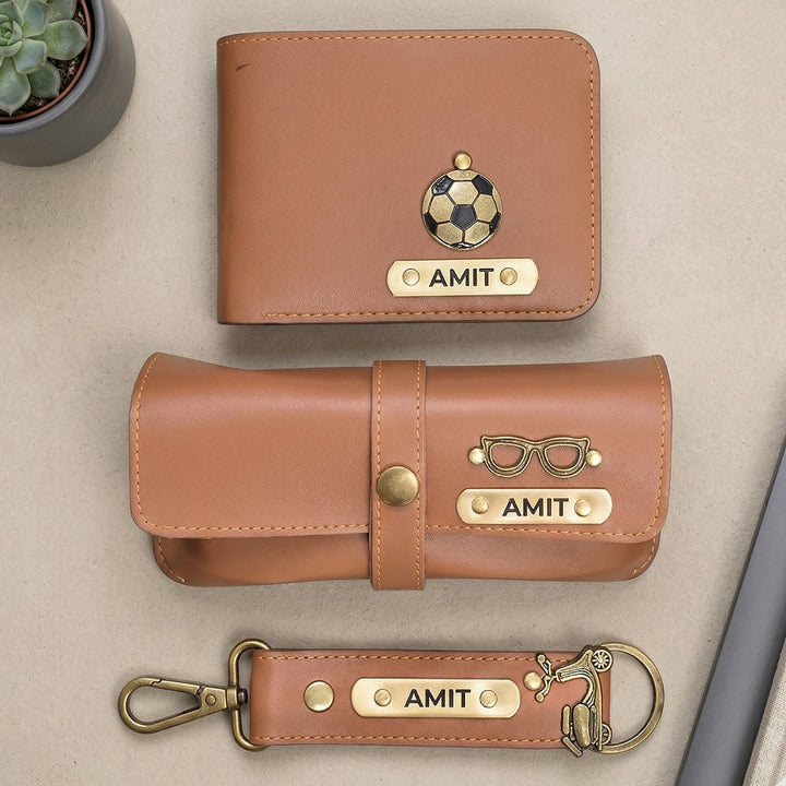 3 Pc | Personalized Faux Leather Gift Set For Men | Includes 1 Wallet, 1 Keychain, 1 Eyeware Case