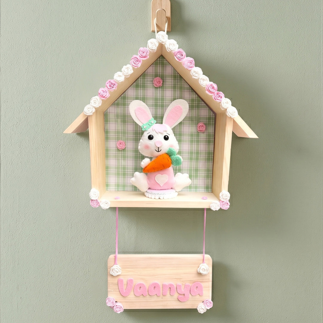 Personalized Felt Bunny On a Wooden House Shaped Nameplate