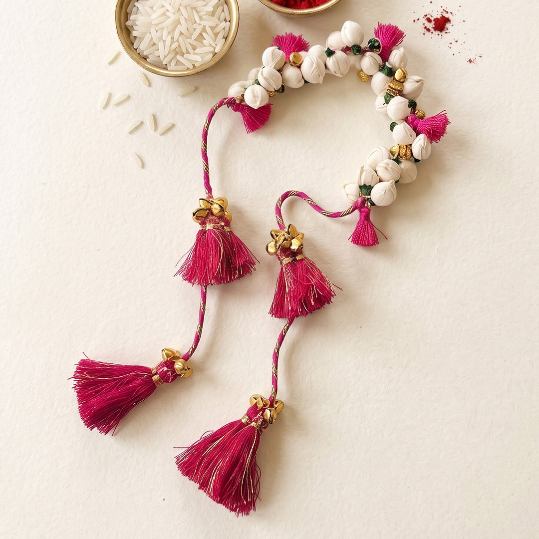 Handcrafted Shola & Ghungroo Tassel Lumba Rakhi for Bhabhi - Pink