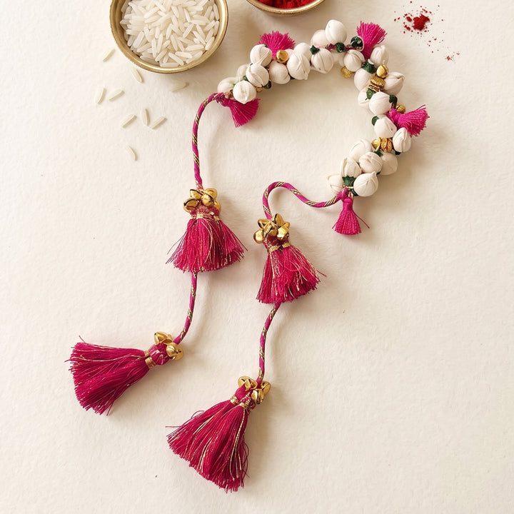 Handcrafted Shola & Ghungroo Tassel Lumba Rakhi for Bhabhi - Pink