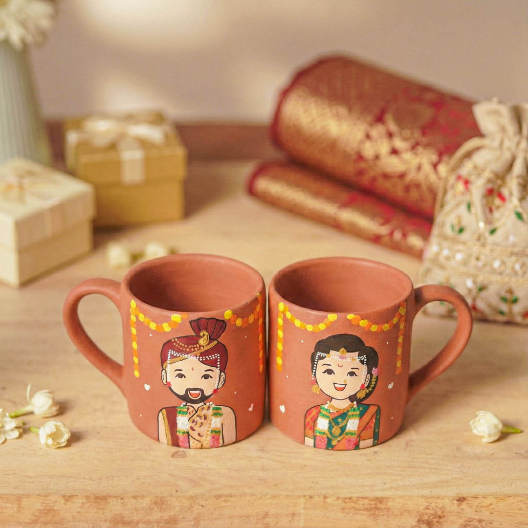 2 Pc | Maharashtrian Couple Personalized Handpainted Terracotta Mug | 200 ml