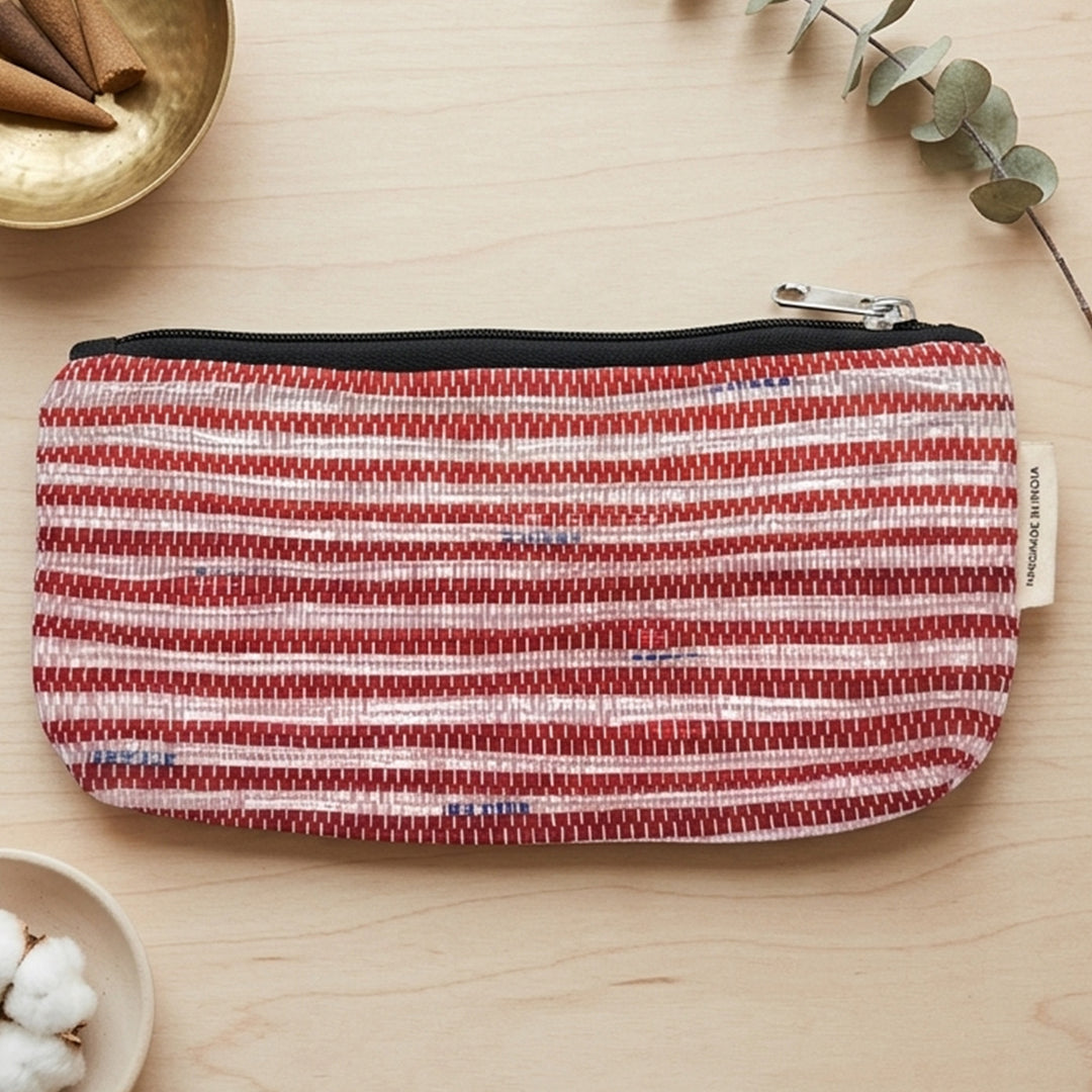 White and Silver Striped Upcycled Plastic Handcrafted Multi-Purpose Pouch