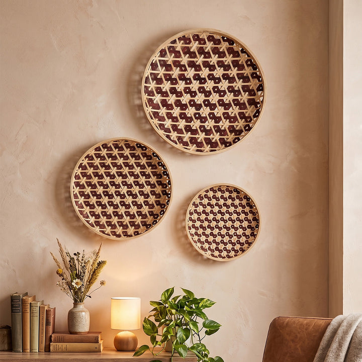 Set of 3 | "Zira" Handcrafted Woven Bamboo Wall Plate With Lacquered Finish For Festive Decor