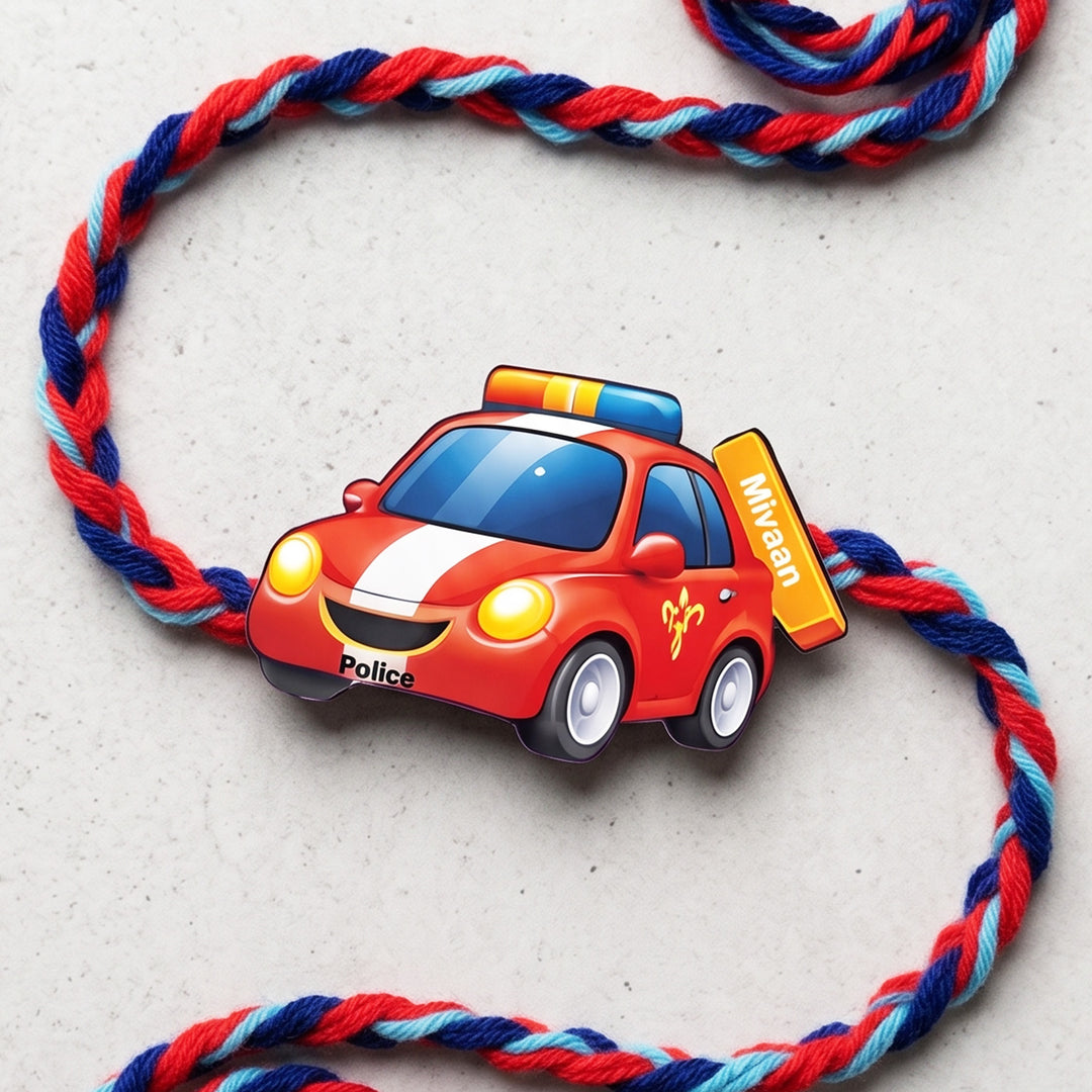 Personalized Reusable Police Car MDF Wood Rakhi With Roli Chawal