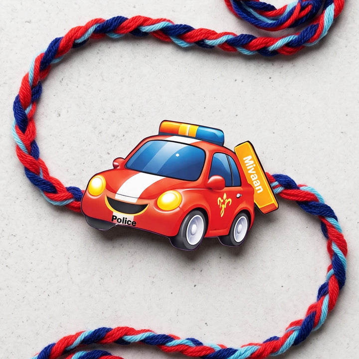 Personalized Reusable Police Car MDF Wood Rakhi With Roli Chawal