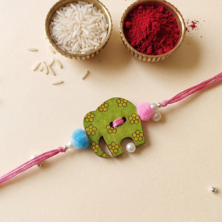 Gaju Elephant Handcrafted Wooden Kids Rakhi With Roli Chawal For Brother