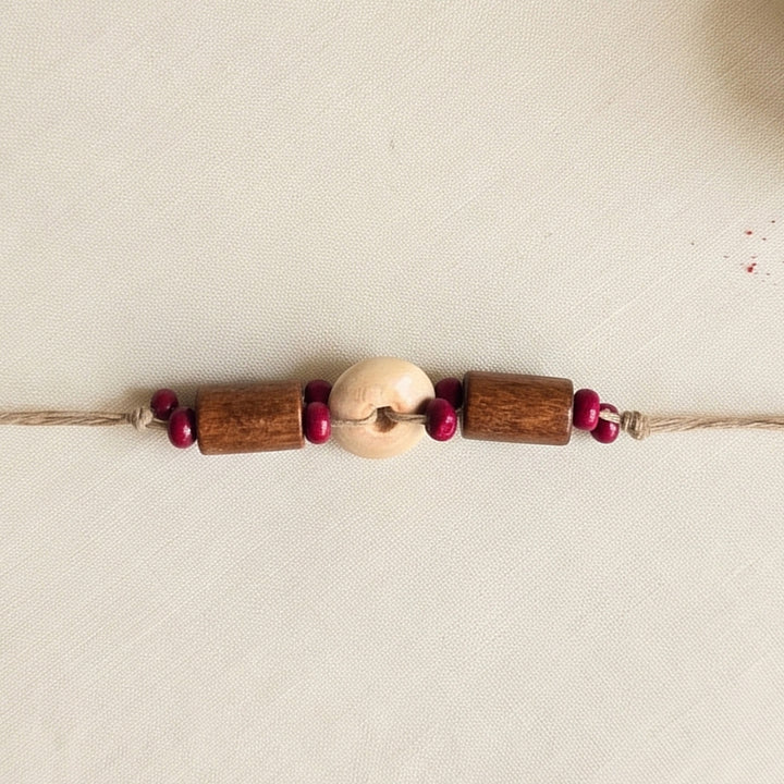 Handcrafted Jute Thread Brown & Beige Wood Bead Rakhi For Brother
