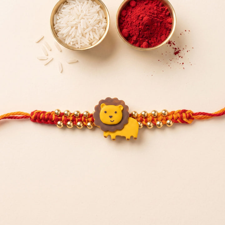 Handmade Lion Charm Polymer Clay Rakhi With Roli Chawal For Kids