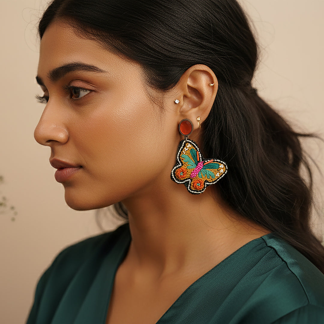 Hand Embroidered Beaded Butterfly Earrings