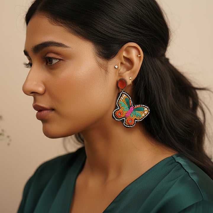 Hand Embroidered Beaded Butterfly Earrings