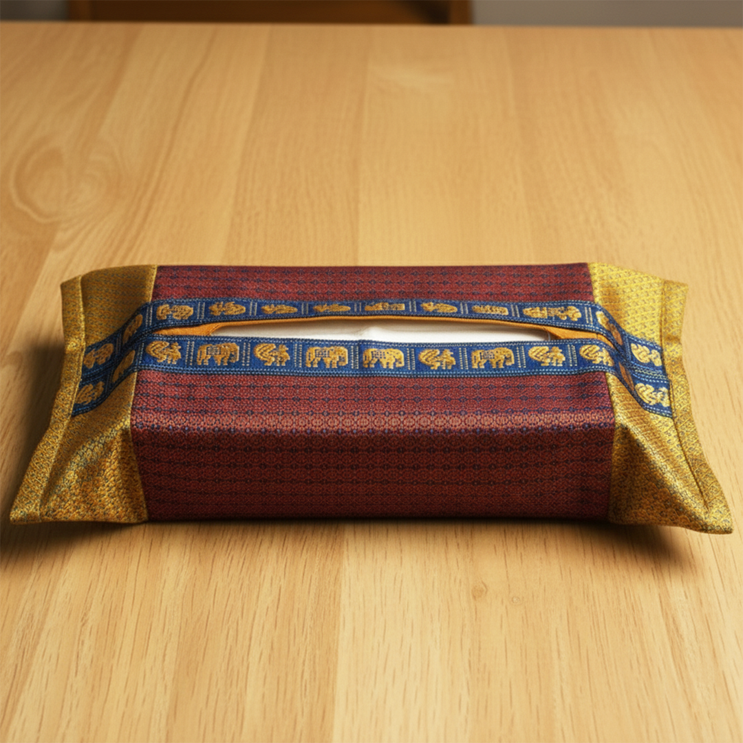 Handmade Red Elephant & Peacock Motif Khunn Fabric Cotton Tissue Box Cover