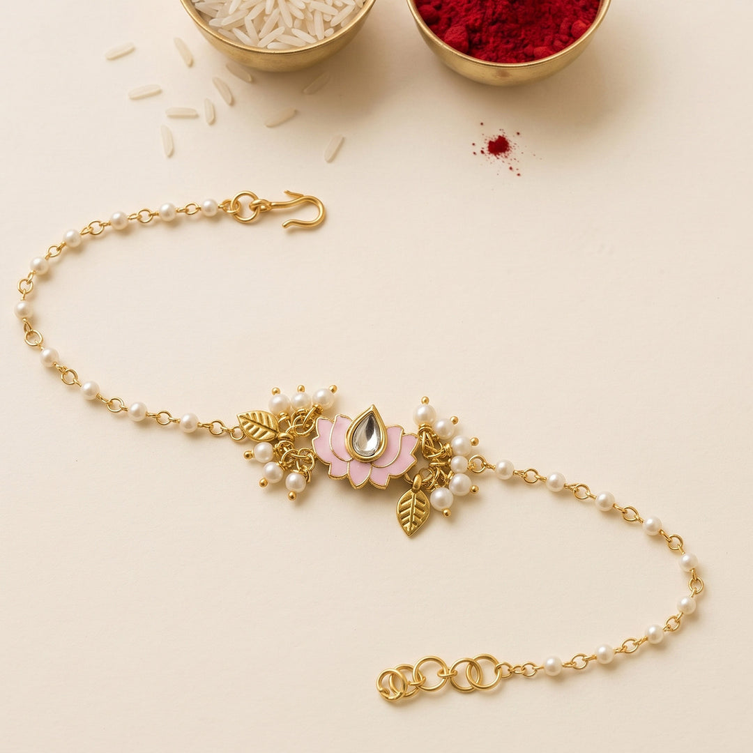Reusable Lotus Pearl Bracelet Rakhi With Roli Chawal For Sister/Bhabhi