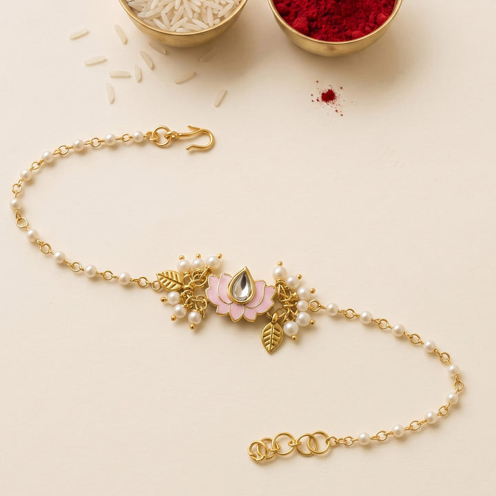 Reusable Lotus Pearl Bracelet Rakhi With Roli Chawal For Sister/Bhabhi