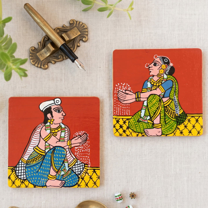 Handpainted Cherial Art Wedding Coasters | Set of 2