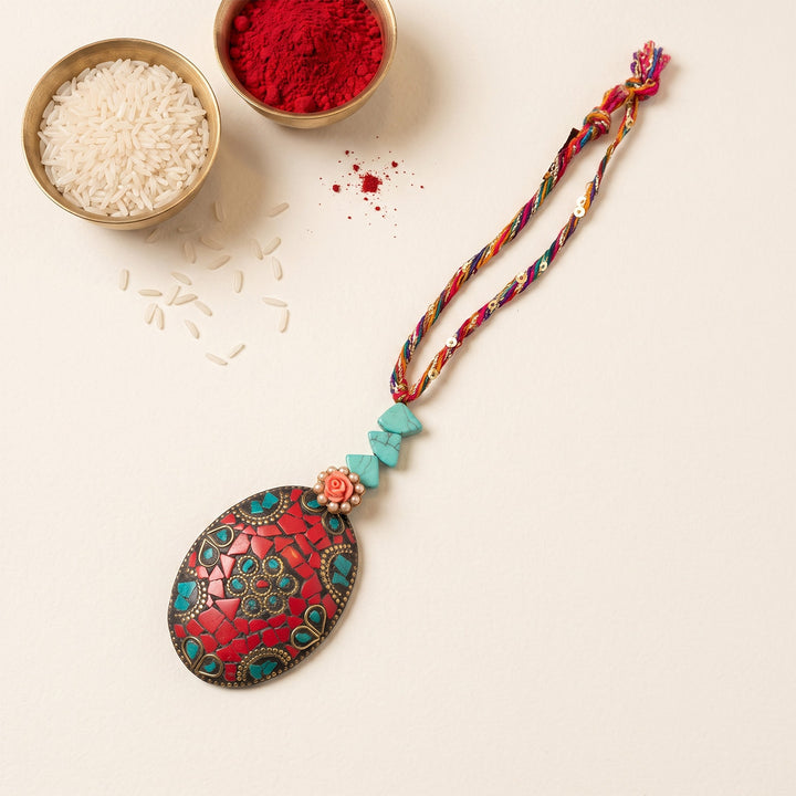 Red-Turquoise Mosaic Lumba Rakhi With Roli Chawal For Sister/Bhabhi