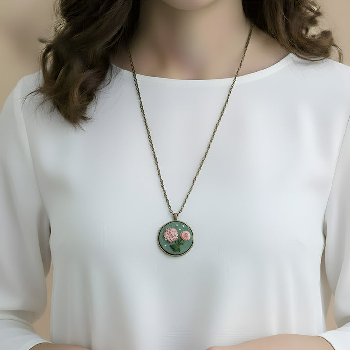 Hand Embroidered Coral Sage Antique Finish Necklace