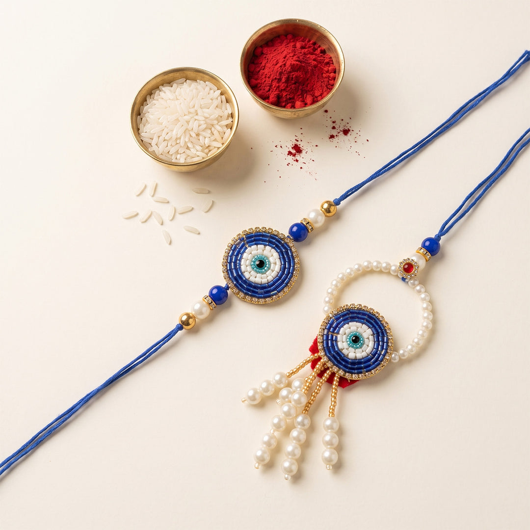 Large Handmade Evil Eye Blue Premium Agate Bhaiya Bhabhi Couple Rakhi And Lumba Set With Roli Chawal, Nariyal And Gift Box | Set of 2