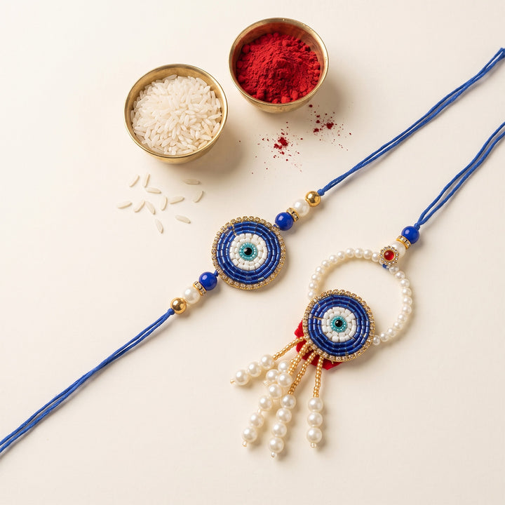 Large Handmade Evil Eye Blue Premium Agate Bhaiya Bhabhi Couple Rakhi And Lumba Set With Roli Chawal, Nariyal And Gift Box | Set of 2