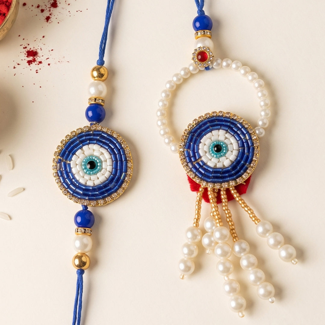 Large Handmade Evil Eye Blue Premium Agate Bhaiya Bhabhi Couple Rakhi And Lumba Set With Roli Chawal, Nariyal And Gift Box | Set of 2