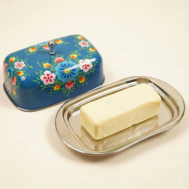 Hand-Painted Blue Floral Kashmiri Art Stainless Steel Butter Dish