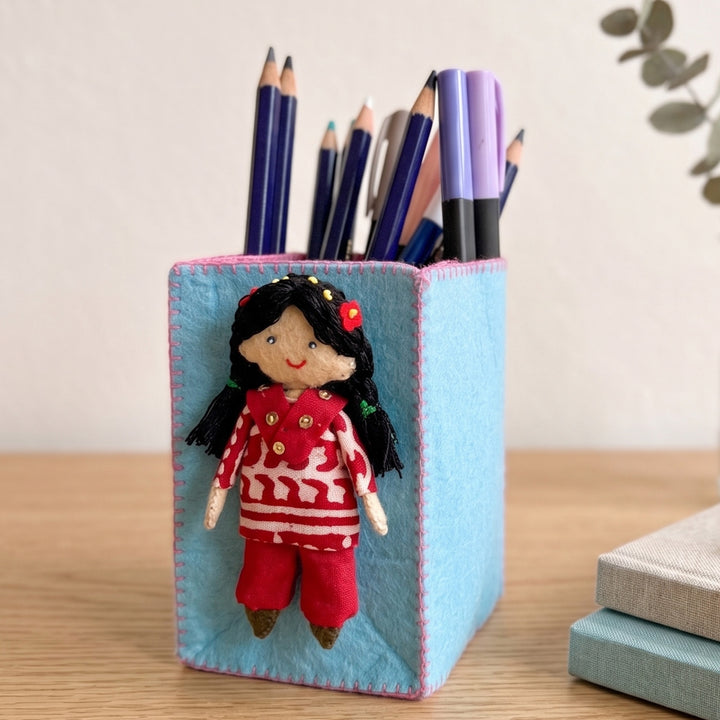 Handmade Turquoise & Pink Pen Stand with Detachable Veera Doll