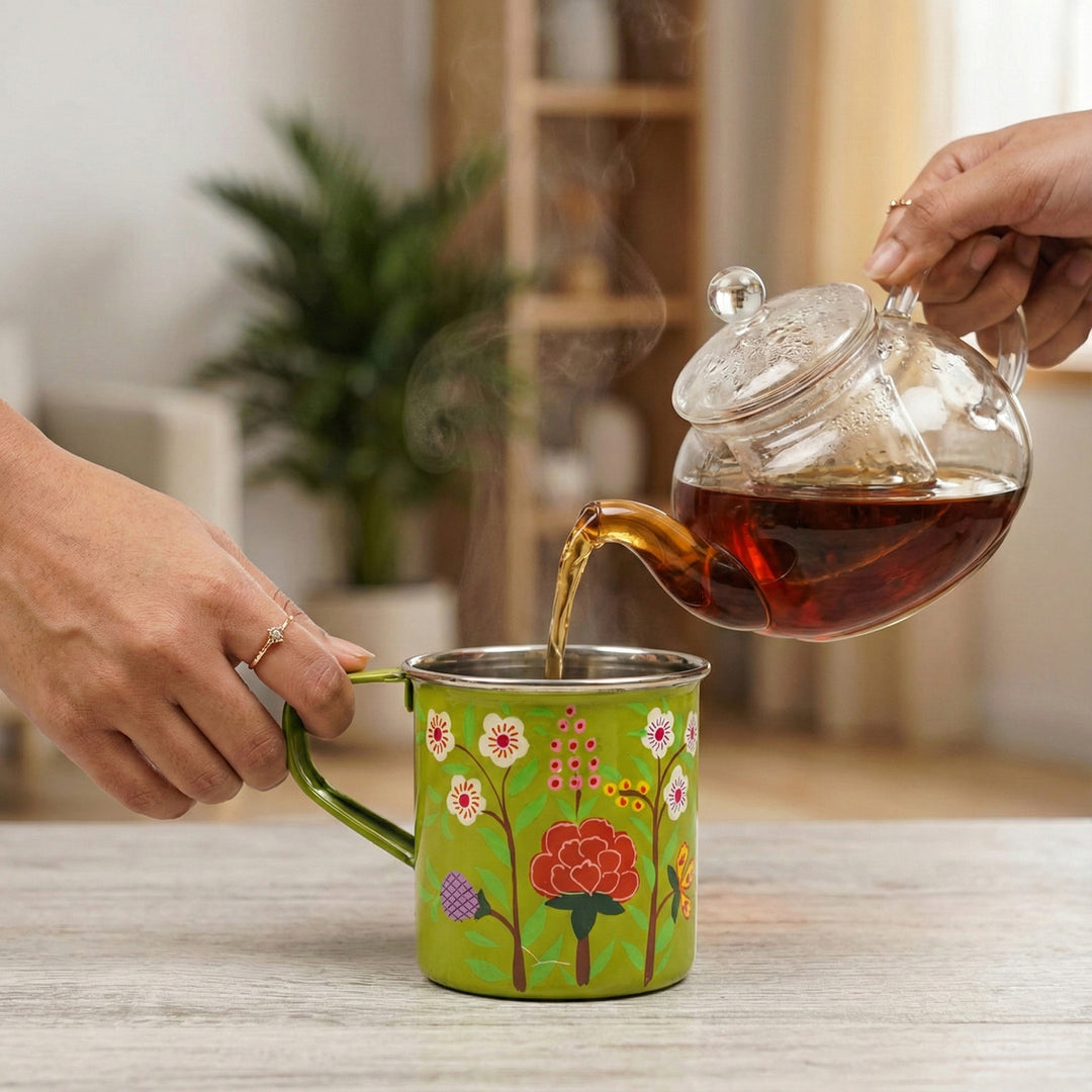 Hand-Painted Green Floral Kashmiri Art Stainless Steel Mug