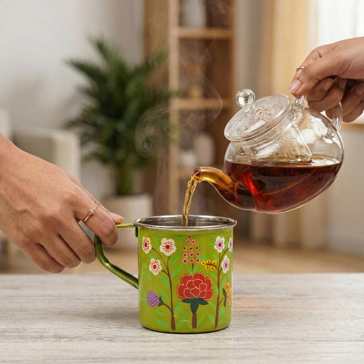 Hand-Painted Green Floral Kashmiri Art Stainless Steel Mug