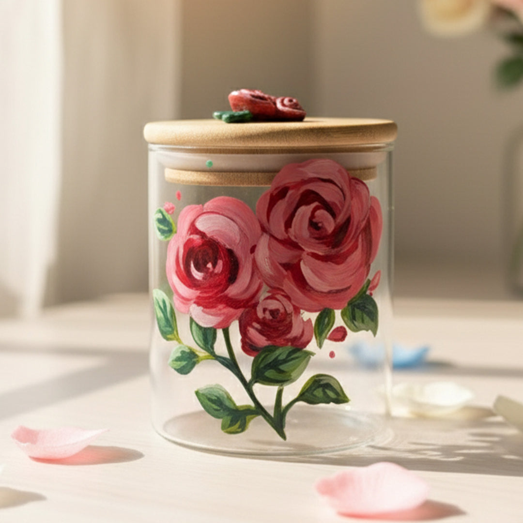 Hand-Painted Rose Glass Storage Container