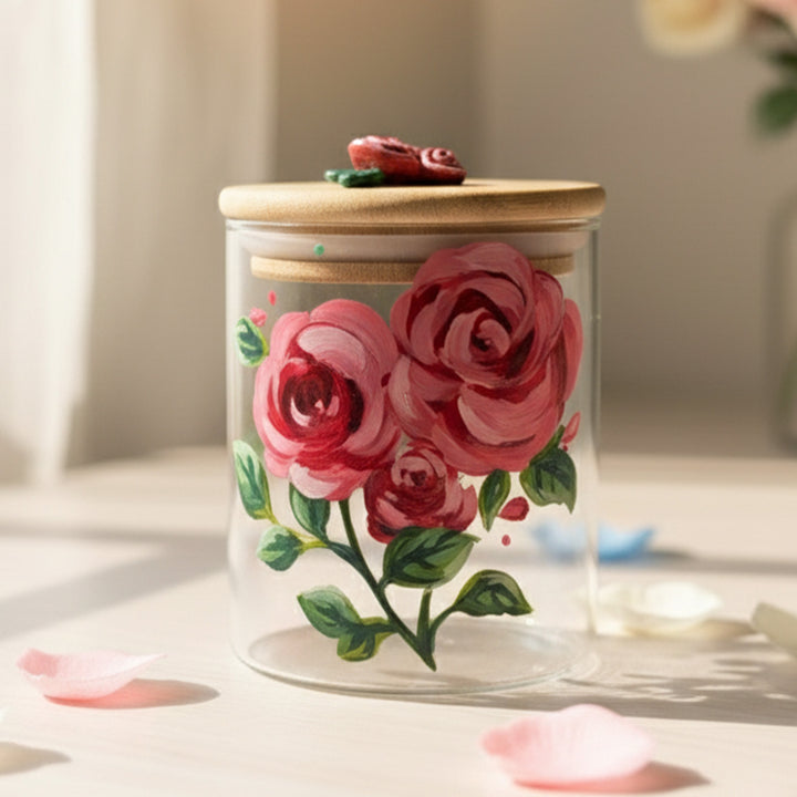 Hand-Painted Rose Glass Storage Container