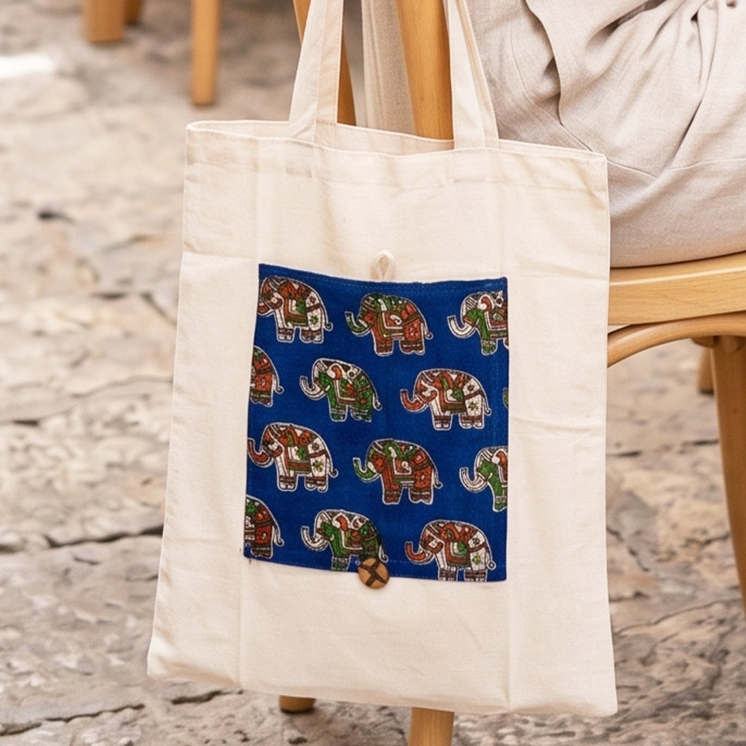 Handcrafted Foldable Cotton Ikat Blue Elephant Tote Bag