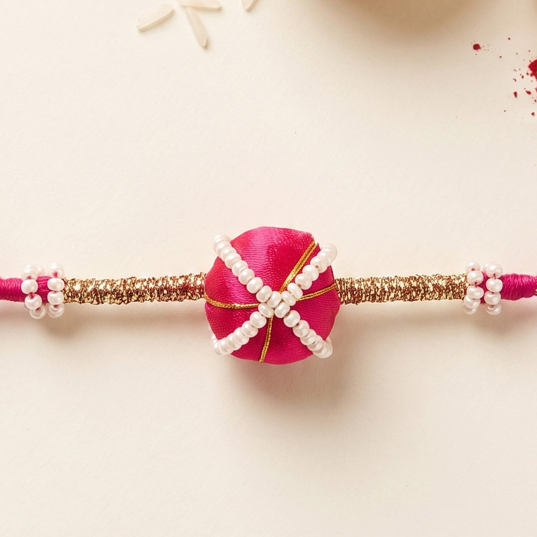 Handmade Silk-Wrapped Bead & Pearl Rakhi For Brother With Roli Chawal