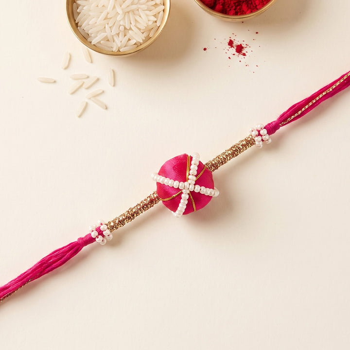 Handmade Silk-Wrapped Bead & Pearl Rakhi For Brother With Roli Chawal