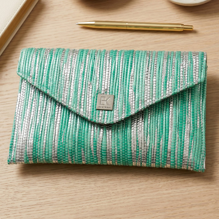 Sea Blue and Silver Striped Upcycled Plastic Handcrafted Envelope Clutch Sling