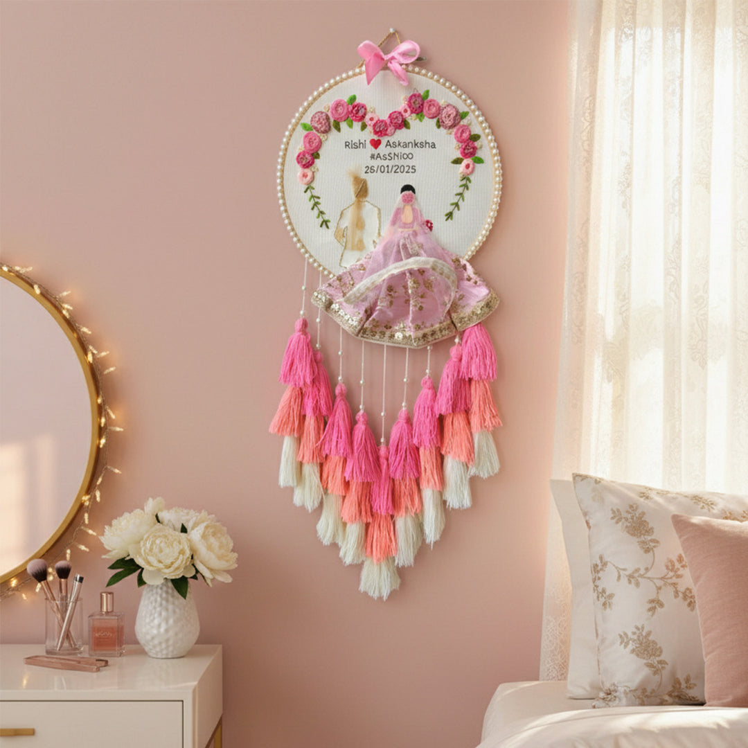 Personalized Embroidered Pastel Pink Wedding Plaque With Tassels