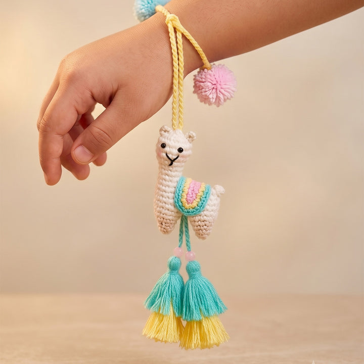 Handmade Crochet Llama Drama Rakhi For Girls With Roli Chawal