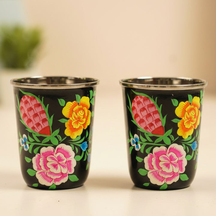 2Pc | Hand-Painted Black Floral Kashmiri Art Stainless Steel Medium Glasses