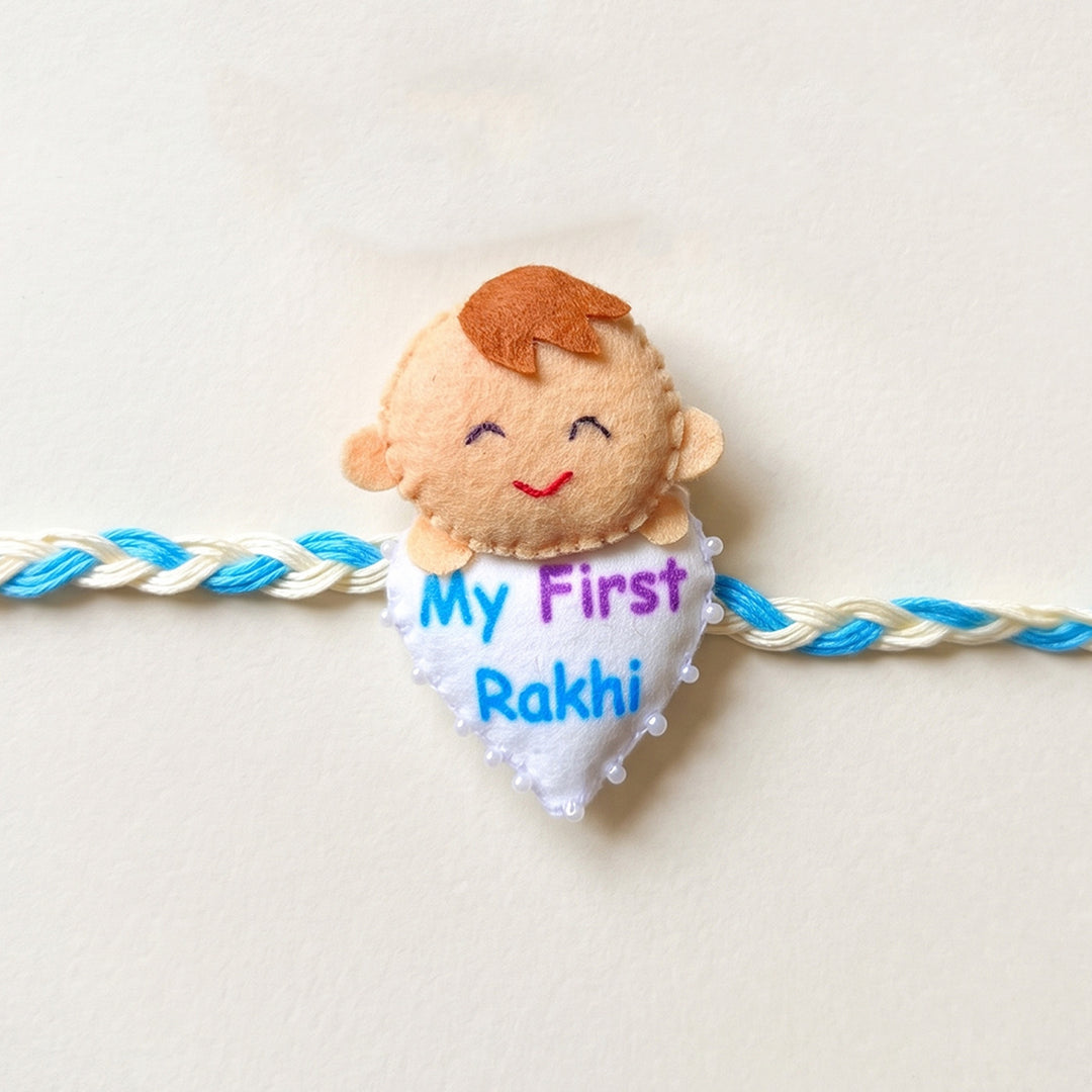Handmade Felt Blue "My First Rakhi" With Roli Chawal For Baby