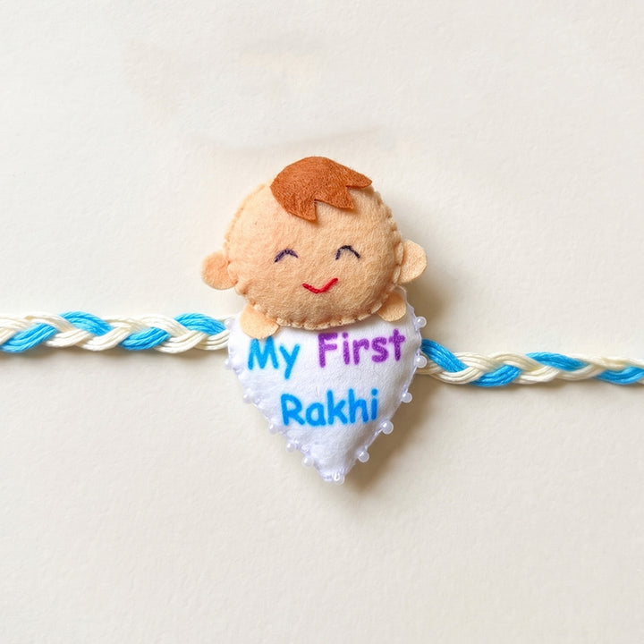 Handmade Felt Blue "My First Rakhi" With Roli Chawal For Baby