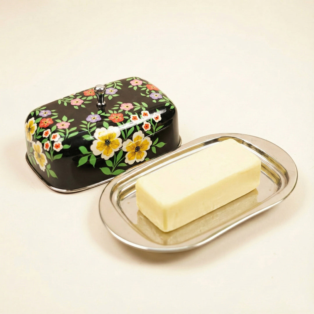 Hand-Painted Black Floral Kashmiri Art Stainless Steel Butter Dish