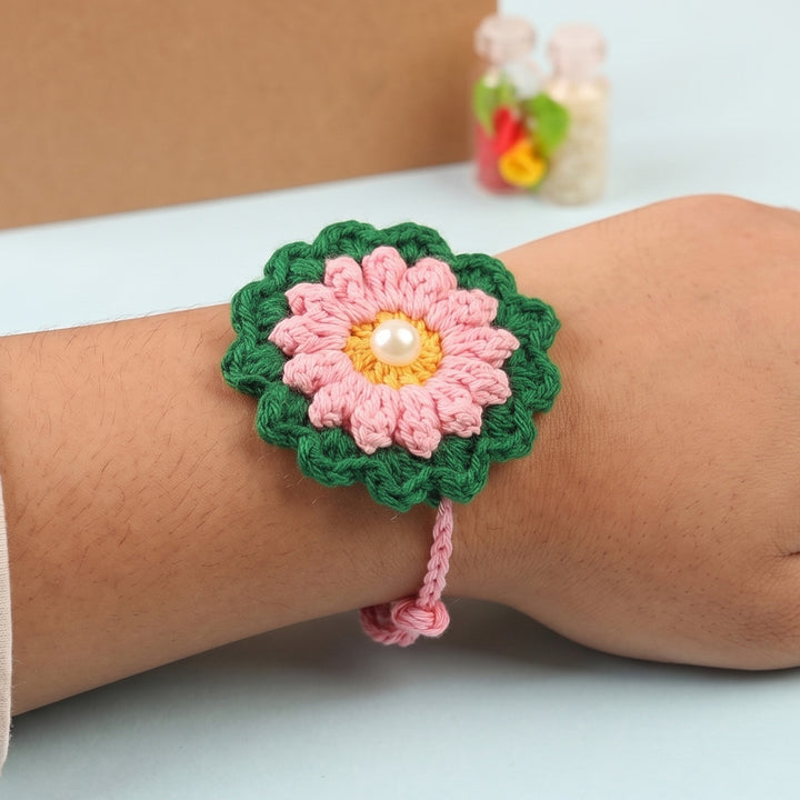 Handmade Crochet Blossom Pearl Floral Rakhi With Roli Chawal For Bhaiya