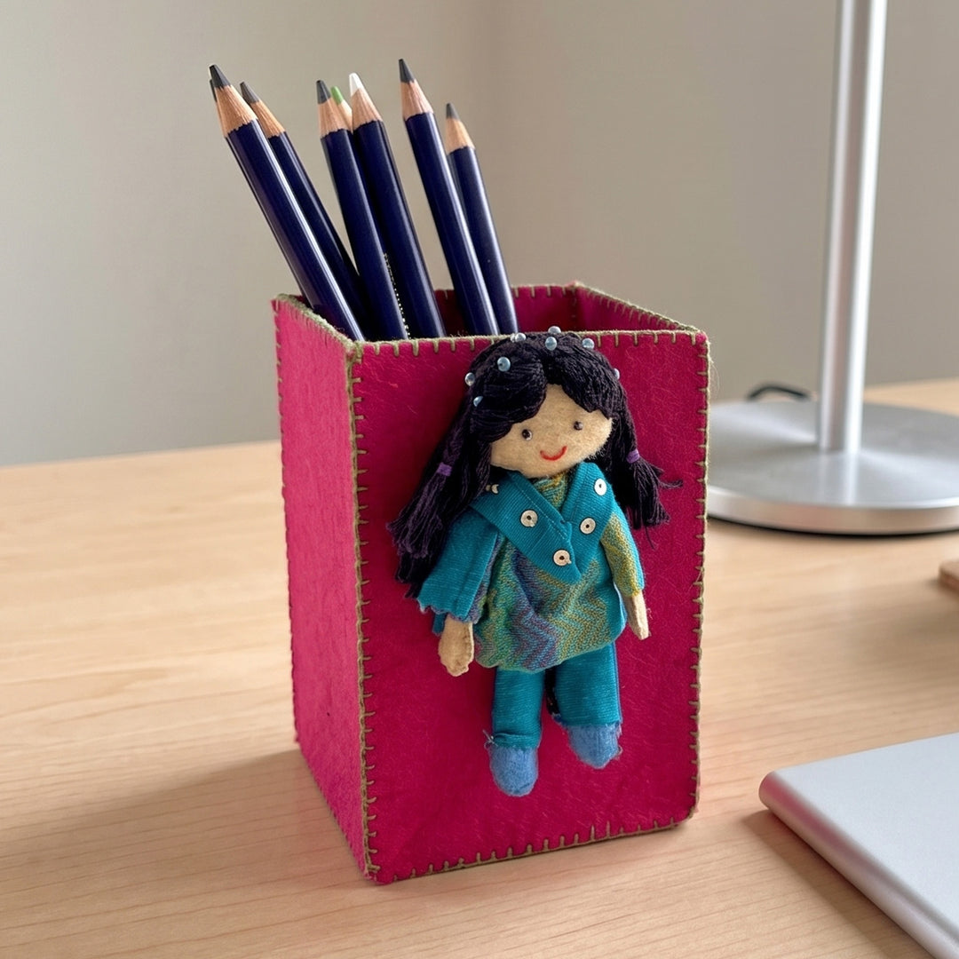 Handmade Pink & Green Pen Stand with Detachable Veera Doll