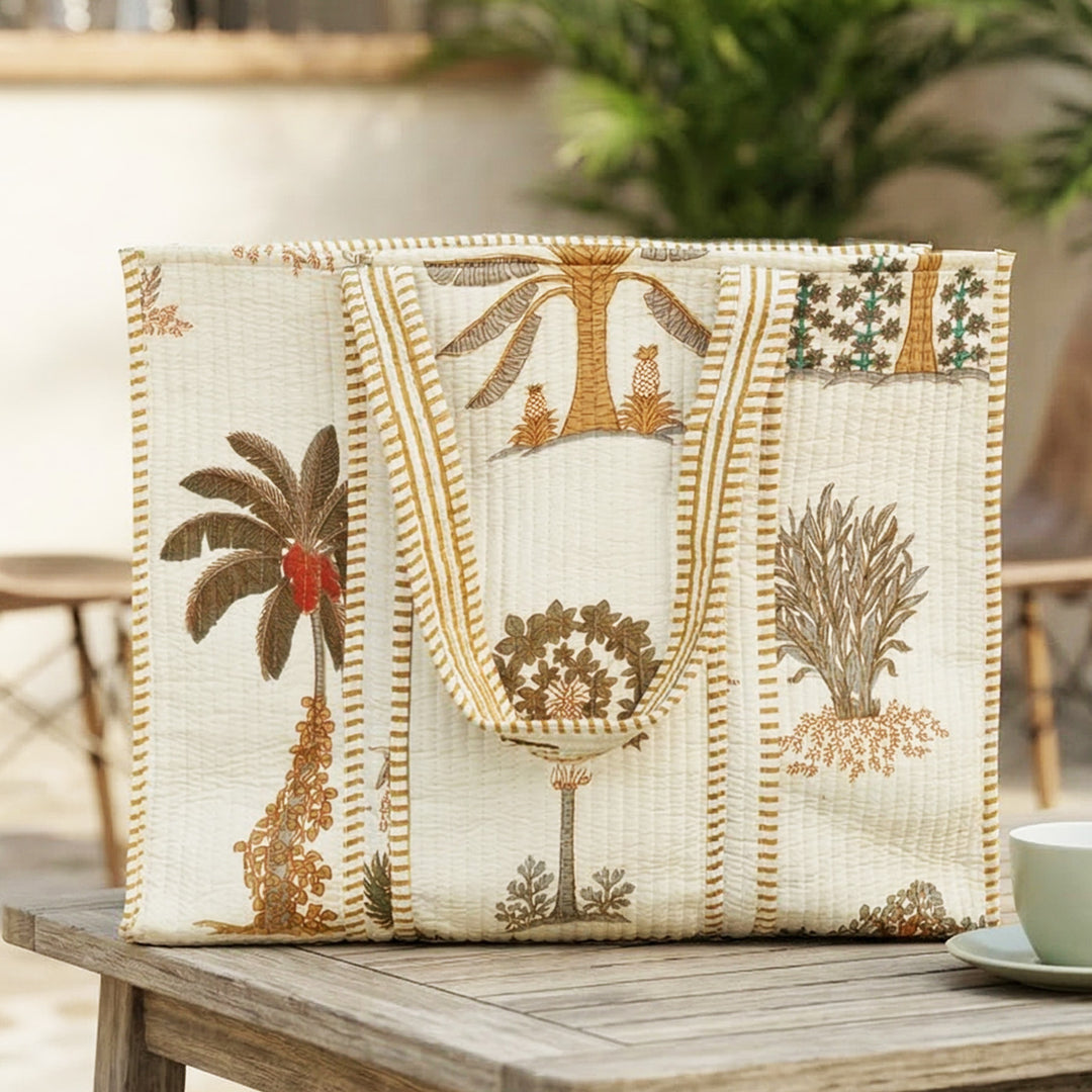Handmade Cream Palm Cotton Tote Bag