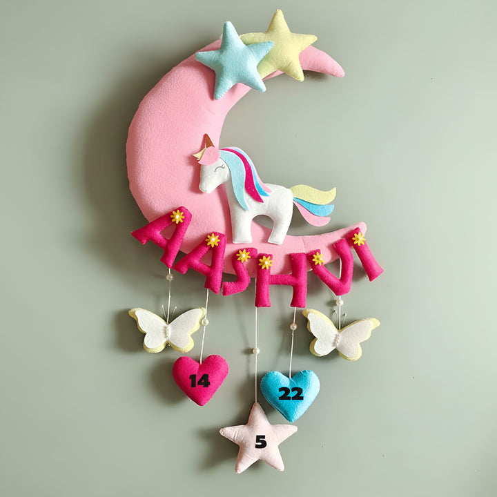 Hand-stitched Unicorn Themed Felt Moon Nameplate with Birthdate