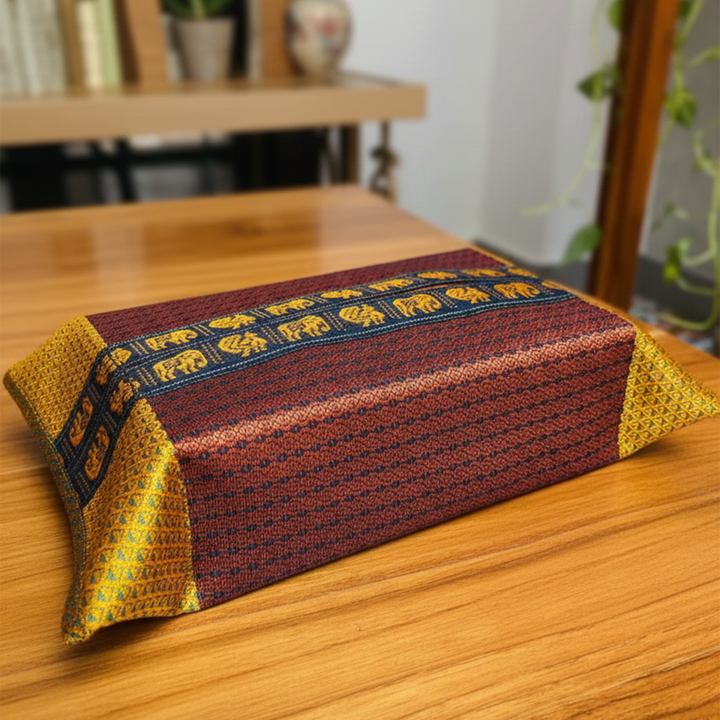 Handmade Red Elephant & Peacock Motif Khunn Fabric Cotton Tissue Box Cover
